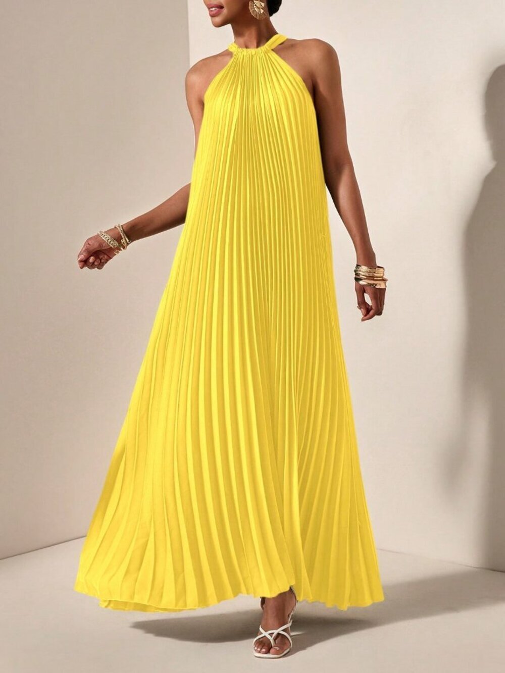 Yellow Casual Women's Halterneck Pleated A-Hem Loose Maxi dress - Picture 1 of 7